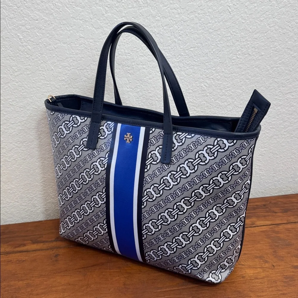 Tory Burch Gimini Link Canvas Satchel Navy and White Patterned Tote.